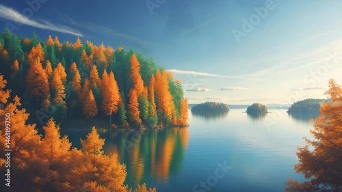 Bright autumn landscape reflected in the lake. photo
