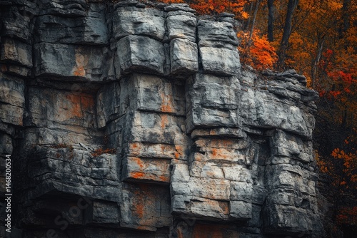 A rugged rock formation with hints of autumn foliage, showcasing nature's artistry in stone and vibrant color contrasts.