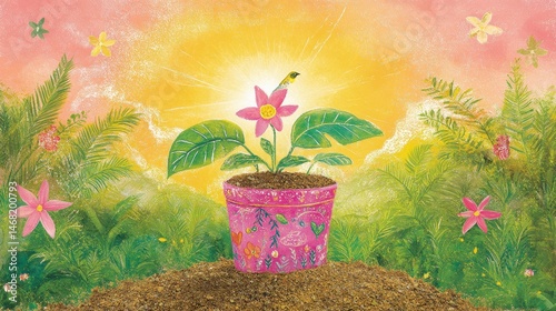 Enchanting floral bloom digital artistry depicting idyllic garden blossoming pot plant radiating colorful light and whimsical fantasy