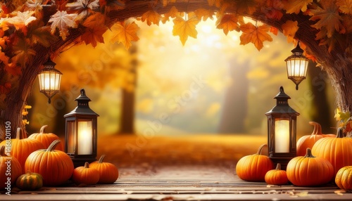 pumpkins and leaves archway with lantern fall background for photography backdrop
