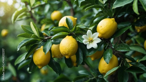 Mature lemons hanging on the tree