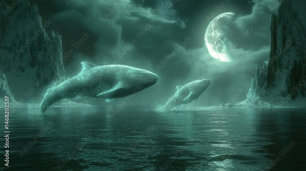 Naklejka premium Two ethereal whales leap through a mystical arctic night.