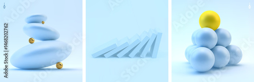 Spa stones standing in a stack. Business concept on growth, development and sustainability. Composition of blue balls accentuated with gold beads. Vector for advertising, presentation, cover, etc.