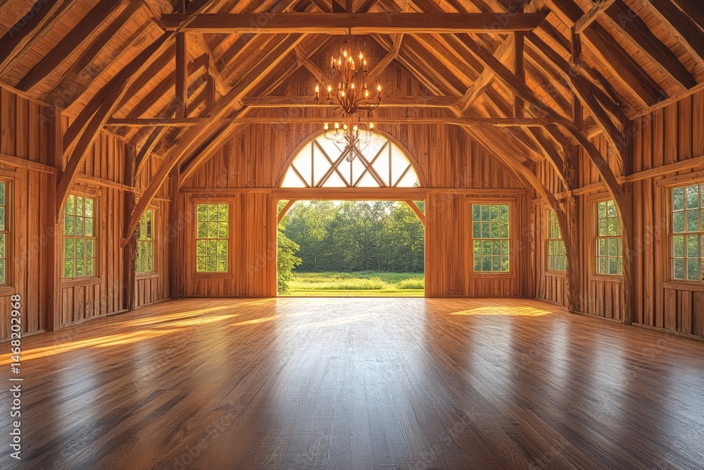 Fototapeta premium Spacious wooden barn interior with expansive view.