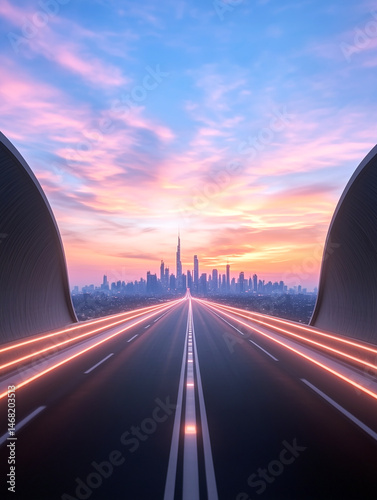 Futuristic highway leading to a city skyline at sunset with glowing lines and pastel sky.