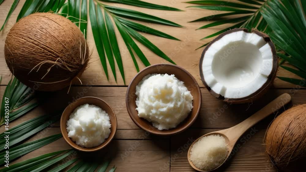 Overhead layout showcasing natural coconut oil. Space available for text Overhead layout showcasing natural coconut oil. Space available for text