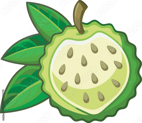 A vibrant vector art illustration of a soursop fruit, showcasing its green spiky skin and soft, juicy white interior in detail.