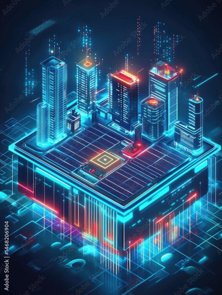Fototapeta premium Digital city illustration with a neon blue and red color scheme depicts skyscrapers on a circuit board illuminated by data streams and digital lights
