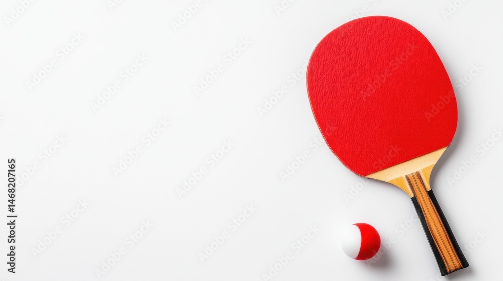 Red Table Tennis Paddle and White Ball on Plain Background for Sports Theme