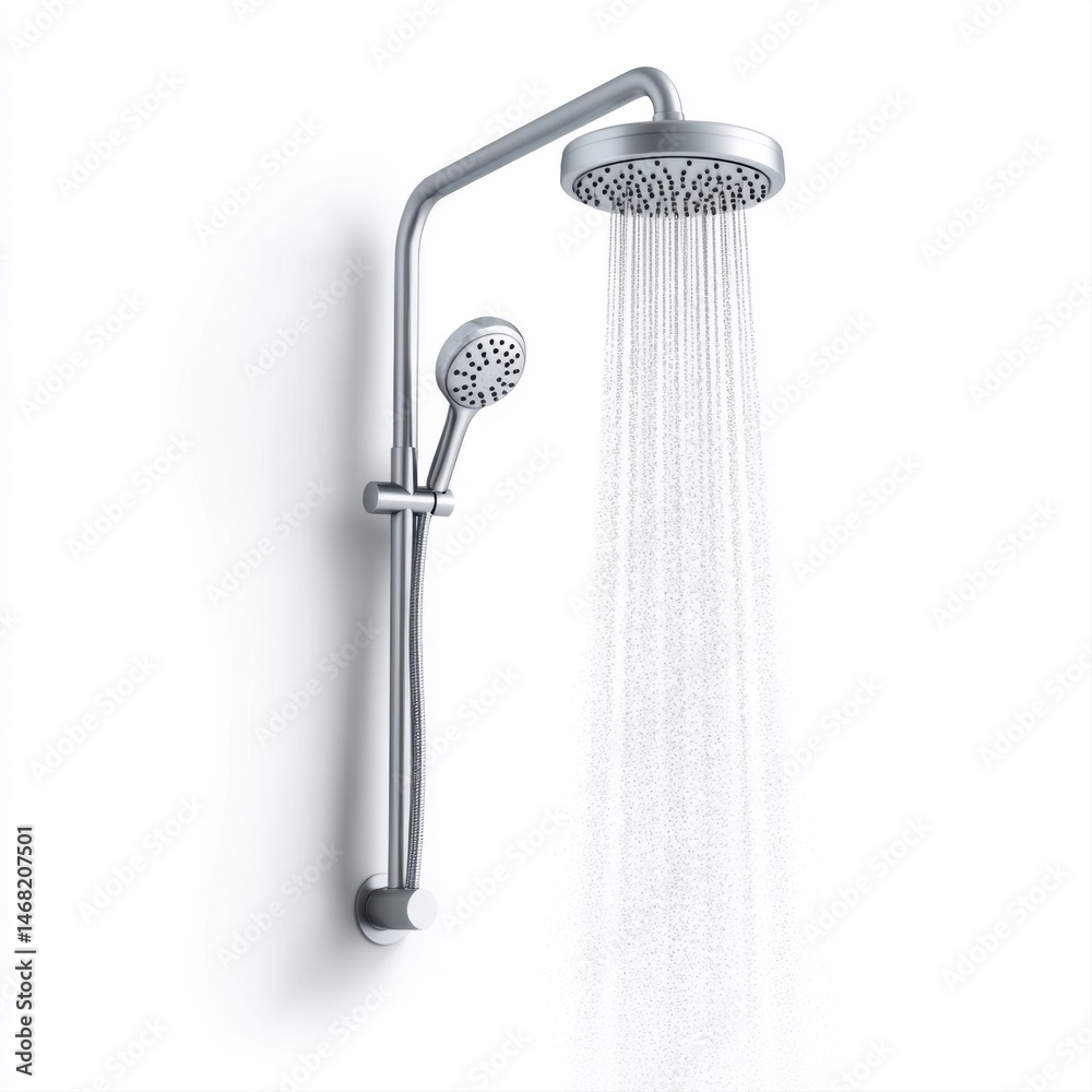 Modern Shower Head with Handheld Attachment and Water Flowing Down