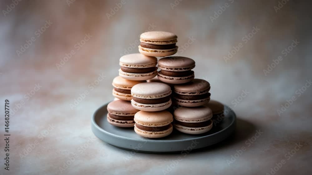 Mocha Mousse - simplistic flat lay design. Stack of macarons, stylish color palette.