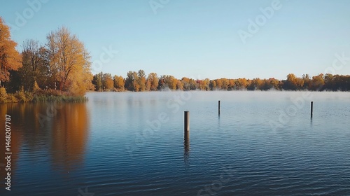 Serene lake fog drifting across its surface surrounded by autumn trees in full color cinematic fall serenity