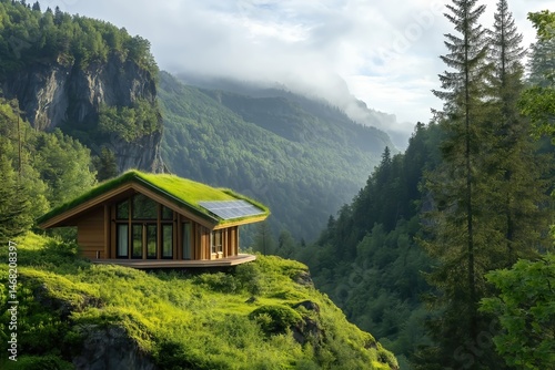 Modern ecolodge with green roof and solar panels in Norway mountains