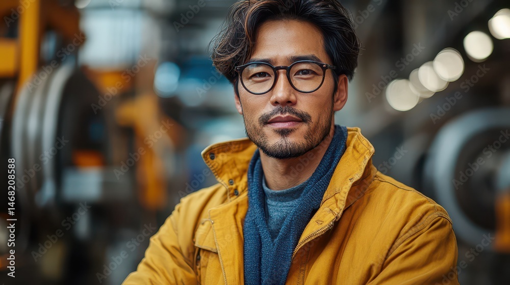 Fototapeta premium Man in yellow coat poses confidently in workshop