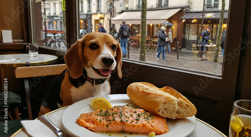Beagle dog enjoying salmon meal at a Parisian cafe, with copy space