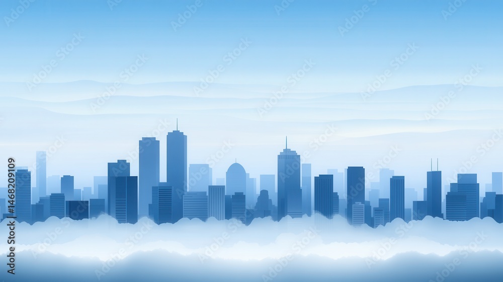 Vast Blue Skyline with Fog and Mist Above City Silhouette at Dawn