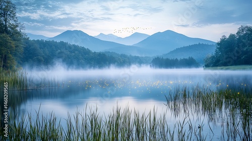 Fototapeta Naklejka Na Ścianę i Meble -  Serene mist covered lake glowing fireflies hovering above mountain peaks in the distance cinematic tranquil escape