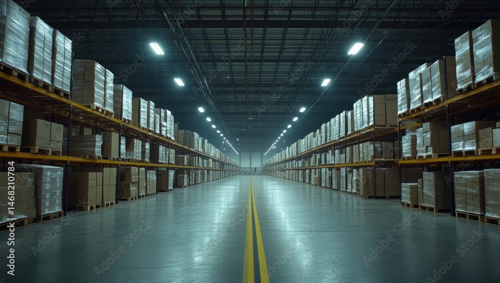 Fototapeta premium Empty warehouse interior, lit by fluorescent lights. Rows of shelving stacked high with cardboard boxes. A long, straight aisle extends through the center