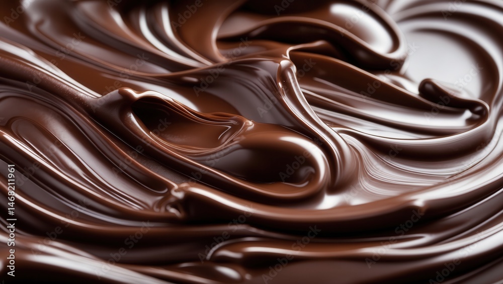 Close-up of smooth melted chocolate texture with glossy swirls and rich brown tones