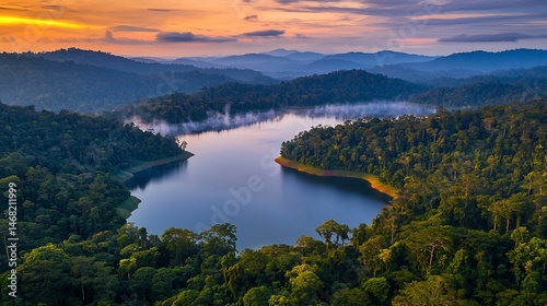 Serene mountain lake surrounded lush forests mist rising from the water at dawn cinematic peaceful haven