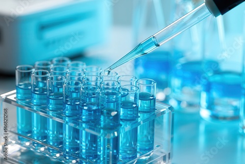 Laboratory pipette dispensing liquid into test tubes filled with blue solution in a scientific research setting