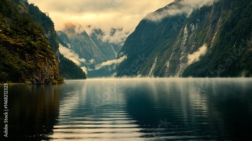 Serene mountain lake surrounded lush forests mist rising from the water at dawn cinematic peaceful haven