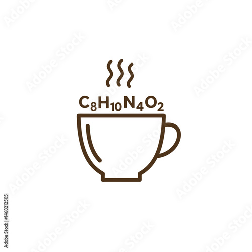 Vector icon showing a coffee cup with the chemical formula for caffeine, C eight H ten N four O two. Symbol for coffee, tea, energy drinks, stimulants, and molecular chemistry concepts