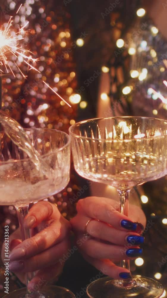 The girls pour champagne into round glasses from a bottle. Women in a sparkling dress. Festive decoration, Christmas garland. Full cocktail creamers - le coupe. The female's hand holds a wine glass
