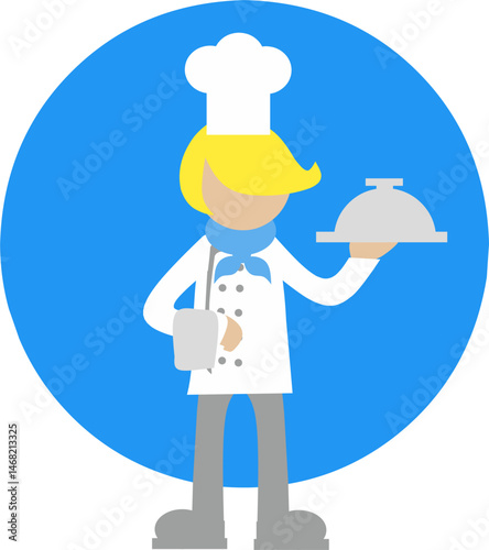 Cartoon Illustration Vector of Chef Restaurant Mascot in circle round blue background. Fit for Food and Beverage business.	