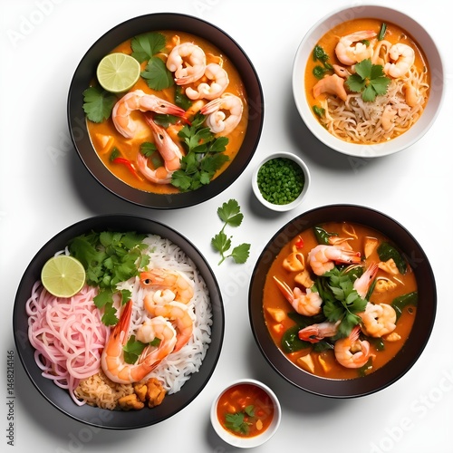 Delicious Tom Yum Soup with Shrimp, Rice Noodles, and Rice