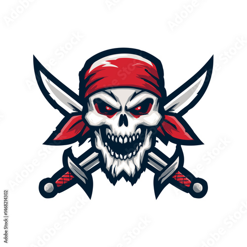 Vector esports logo featuring a skull with a red bandana, crossed swords, and a fierce design for competitive gaming teams and tournaments