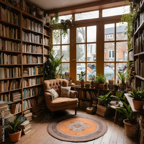 Cozy Reading Nook with Bookshelves and Plants