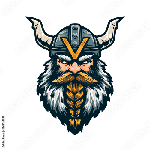 Bold vector esports logo featuring a fierce Viking warrior with a braided beard and horned helmet for gaming teams