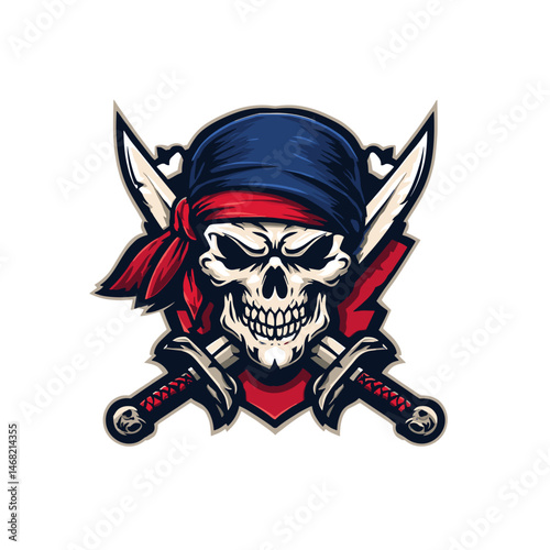 Dynamic vector esports logo featuring a skull with swords and a bandana designed for gaming teams or events