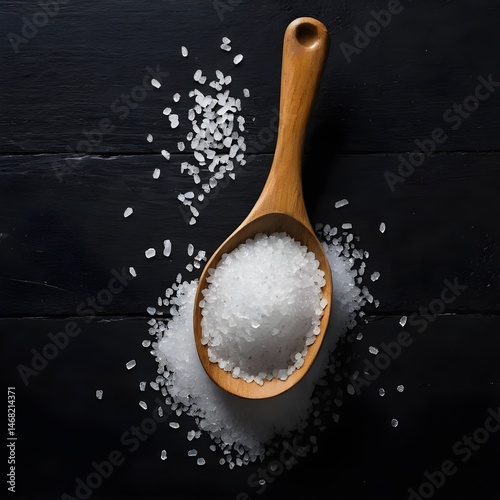Wooden Spoon of Sea Salt on Black Background