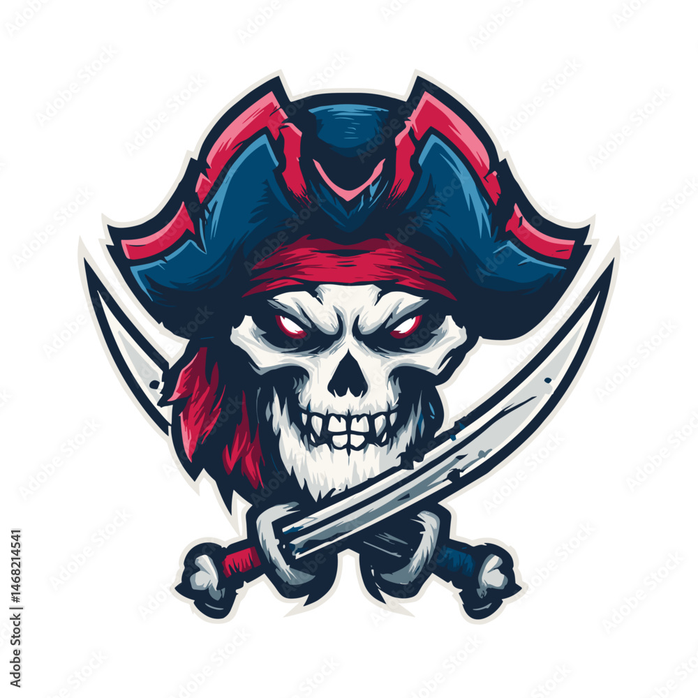 Fototapeta premium Vector esports logo featuring a fierce pirate skull with swords and a bold hat design, ideal for competitive gaming teams