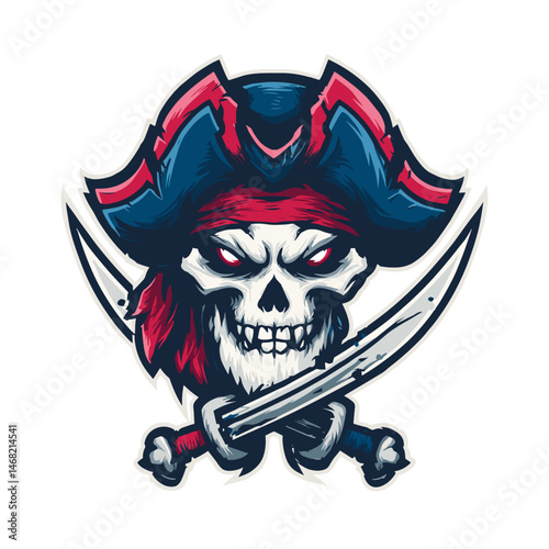 Vector esports logo featuring a fierce pirate skull with swords and a bold hat design, ideal for competitive gaming teams