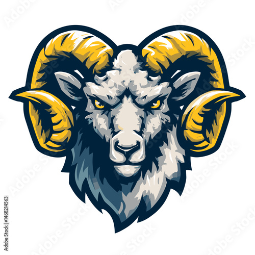 Powerful vector esports logo featuring a fierce ram with striking yellow horns and intense eyes showcasing strength and determination