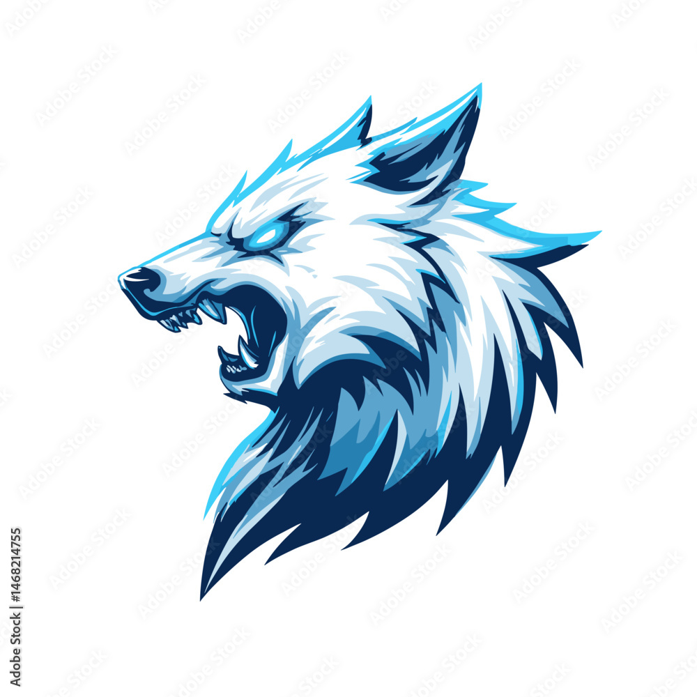 Fototapeta premium Stylized wolf head logo design for esports team with fierce expression and blue color scheme