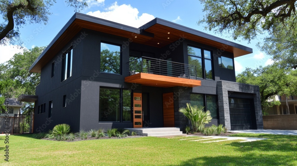 A sleek two-story house with dark gray walls, flat roof, and wood stands on a grassy plot under a sunny sky. A sleek two-story house with dark gray walls, flat roof, and wood stands on a grassy plot under a sunny sky.
