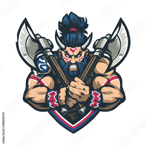 Fierce warrior esports logo featuring axe-wielding character with a strong presence and intense expression for competitive gaming teams