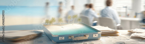 An office desk with stacks of papers and an open suitcase with a tropical beach, palm trees and turquoise water inside. It symbolizes a visual image of a dream of escape and overwork.