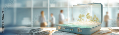 An office desk with stacks of papers and an open suitcase with a tropical beach, palm trees and turquoise water inside. It symbolizes a visual image of a dream of escape and overwork.