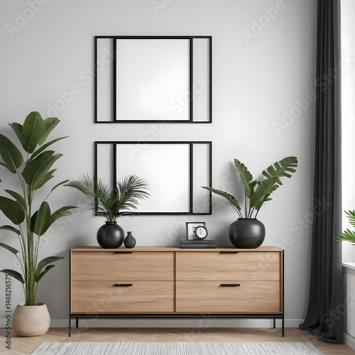 Modern Minimalist Living Room Interior with Wooden Chest of Drawers and Plants