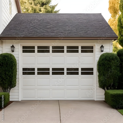Modern White Garage Door with Landscaping