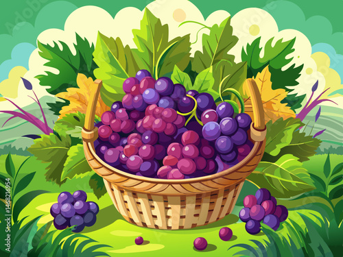 vector of A lush basket of purple grapes surrounded by greenery