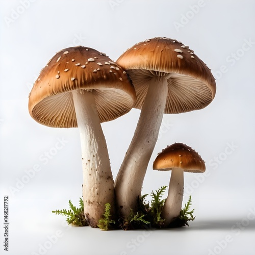 Three Brown Mushrooms with Moss