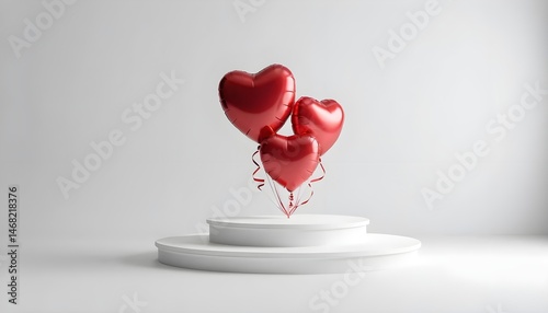 Three Red Heart Balloons on White Pedestal