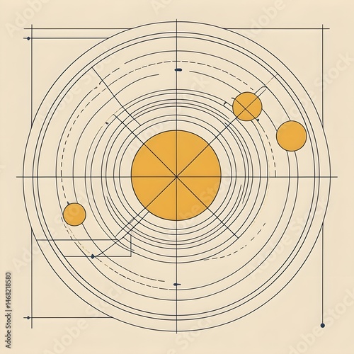 Abstract Geometric Composition with Concentric Circles and Planets