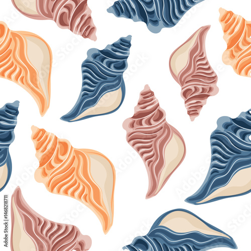 seamless pattern with colorful icons of large seashells from the bottom of the ocean or sea, for various summer and nautical designs